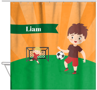 Thumbnail for Personalized Soccer Shower Curtain XXII - Orange Sky - Brown Hair Boy I - Hanging View