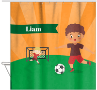 Thumbnail for Personalized Soccer Shower Curtain XXII - Orange Sky - Black Boy - Hanging View