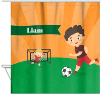 Thumbnail for Personalized Soccer Shower Curtain XXII - Orange Sky - Black Hair Boy - Hanging View