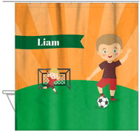 Thumbnail for Personalized Soccer Shower Curtain XXII - Orange Sky - Blond Boy - Hanging View