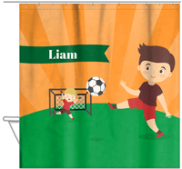 Thumbnail for Personalized Soccer Shower Curtain XXII - Orange Sky - Brown Hair Boy II - Hanging View