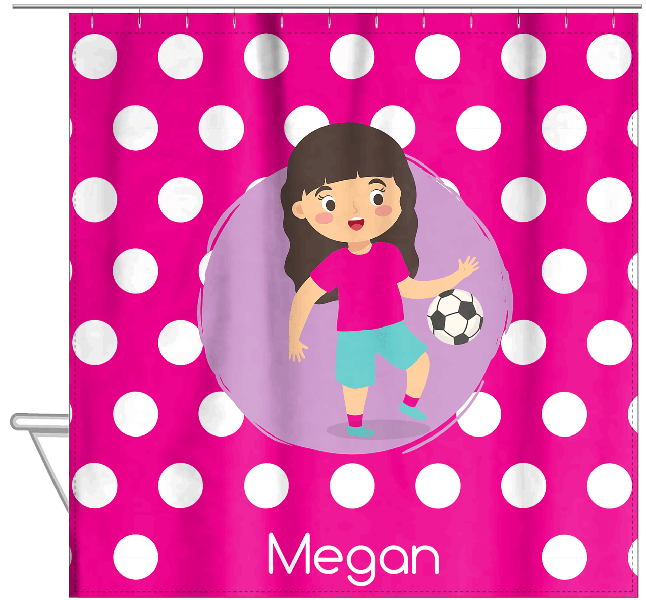 Personalized Soccer Shower Curtain XXIII - Pink Background - Black Hair Girl - Hanging View