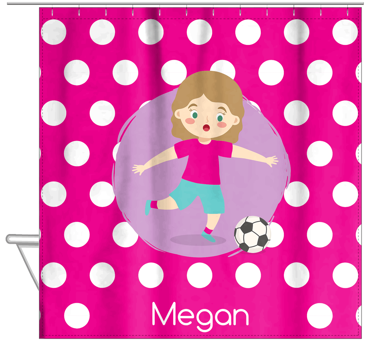 Personalized Soccer Shower Curtain XXIII - Pink Background - Blonde Girl I - Hanging View