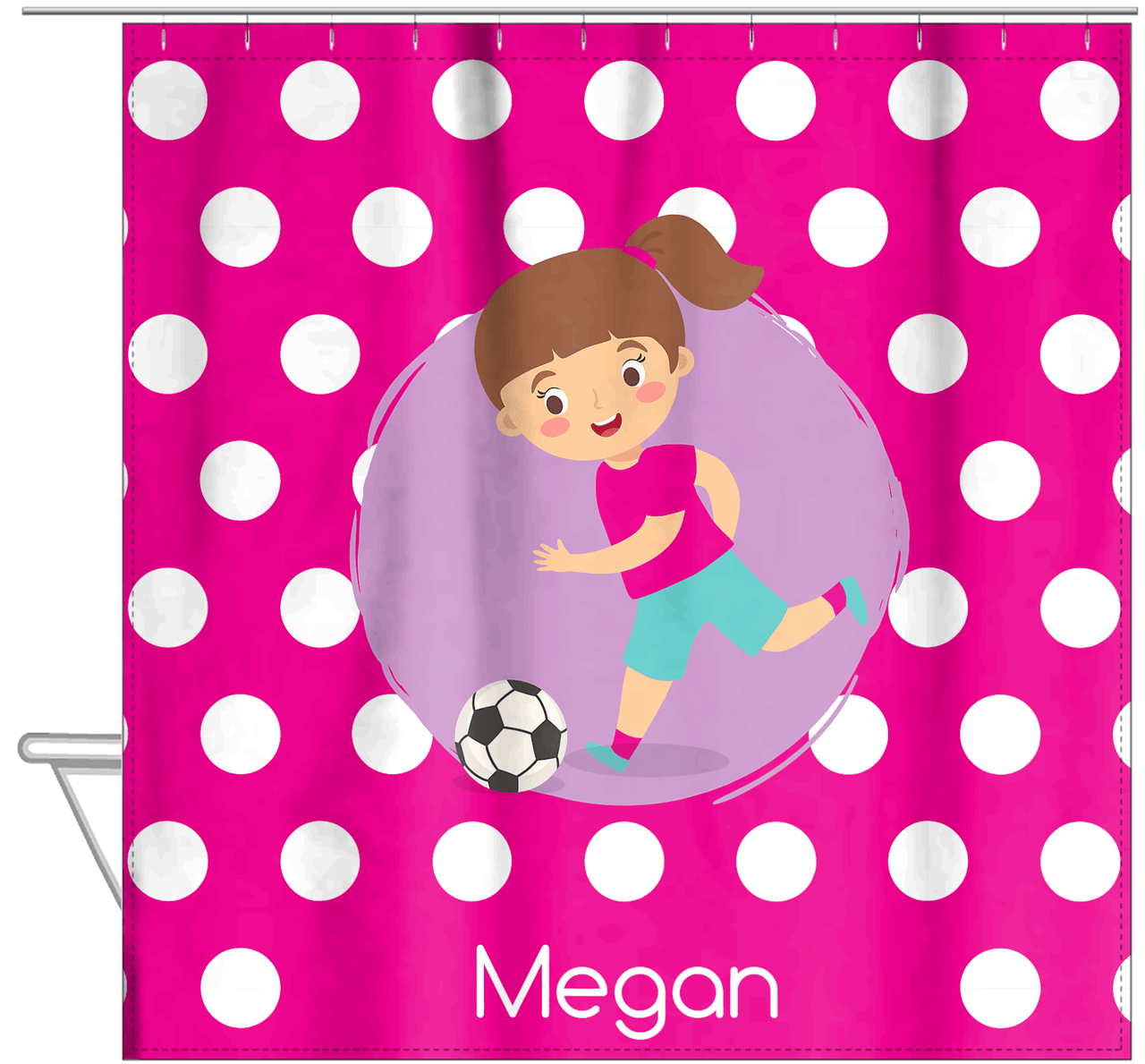 Personalized Soccer Shower Curtain XXIII - Pink Background - Brunette Girl - Hanging View