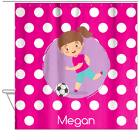 Thumbnail for Personalized Soccer Shower Curtain XXIII - Pink Background - Brunette Girl - Hanging View