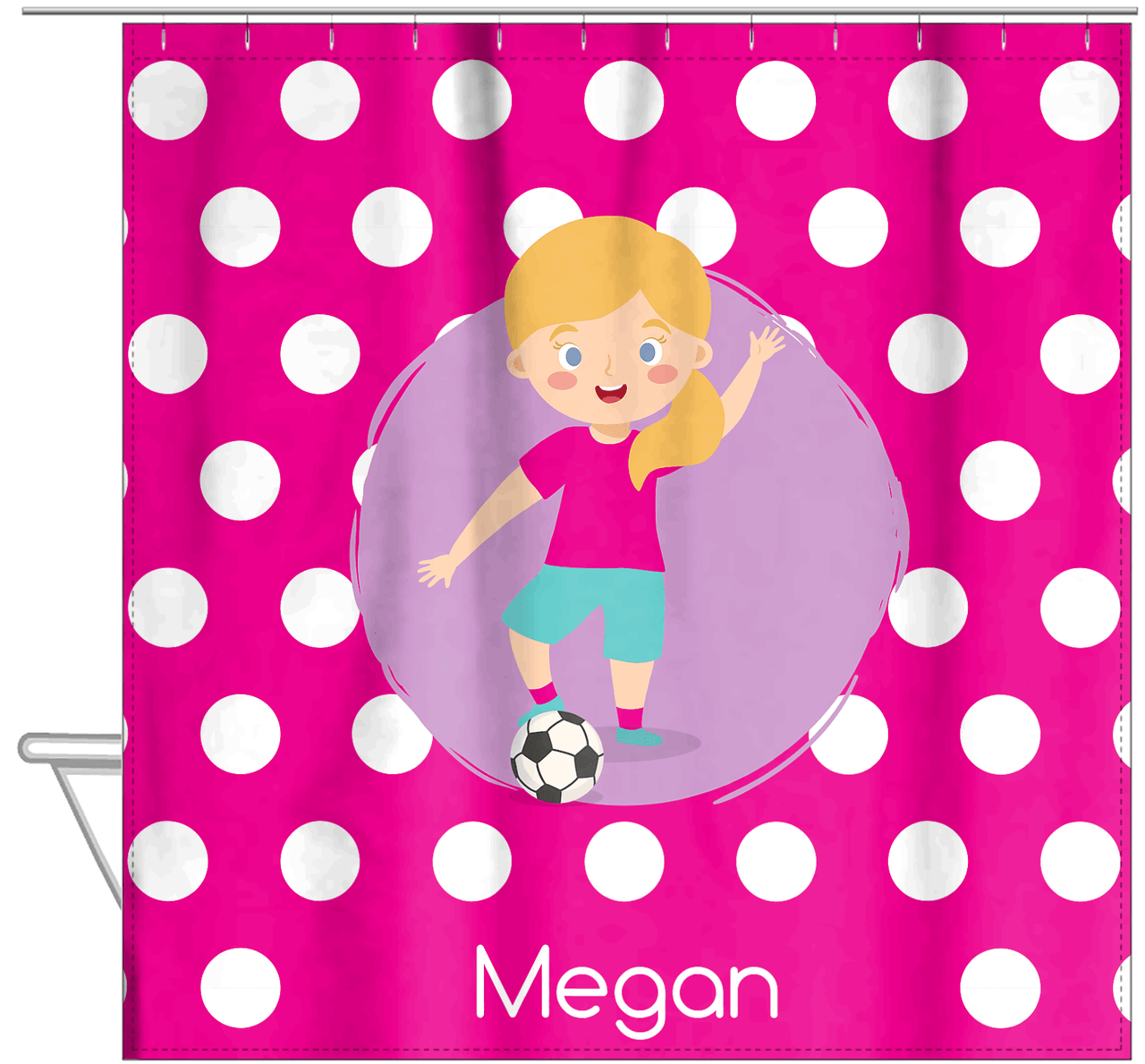 Personalized Soccer Shower Curtain XXIII - Pink Background - Blonde Girl II - Hanging View