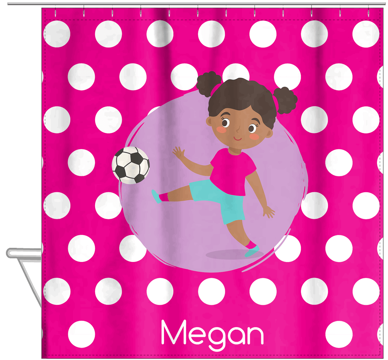 Personalized Soccer Shower Curtain XXIII - Pink Background - Black Girl - Hanging View