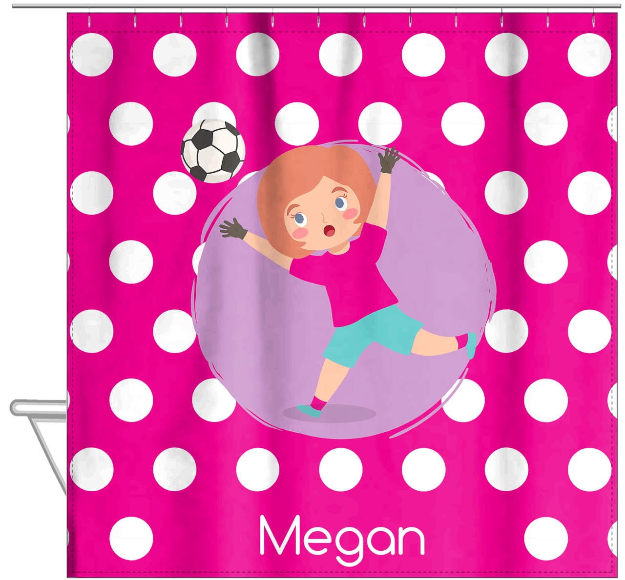 Personalized Soccer Shower Curtain XXIII - Pink Background - Redhead Girl - Hanging View