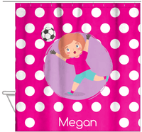 Thumbnail for Personalized Soccer Shower Curtain XXIII - Pink Background - Redhead Girl - Hanging View