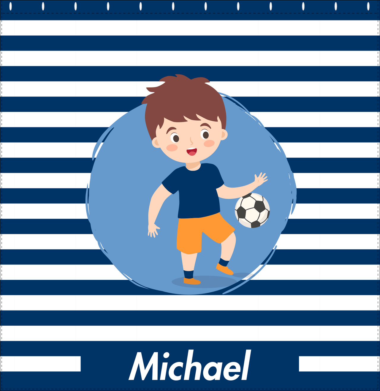 Personalized Soccer Shower Curtain XXIV - Blue Background - Brown Hair Boy I - Decorate View