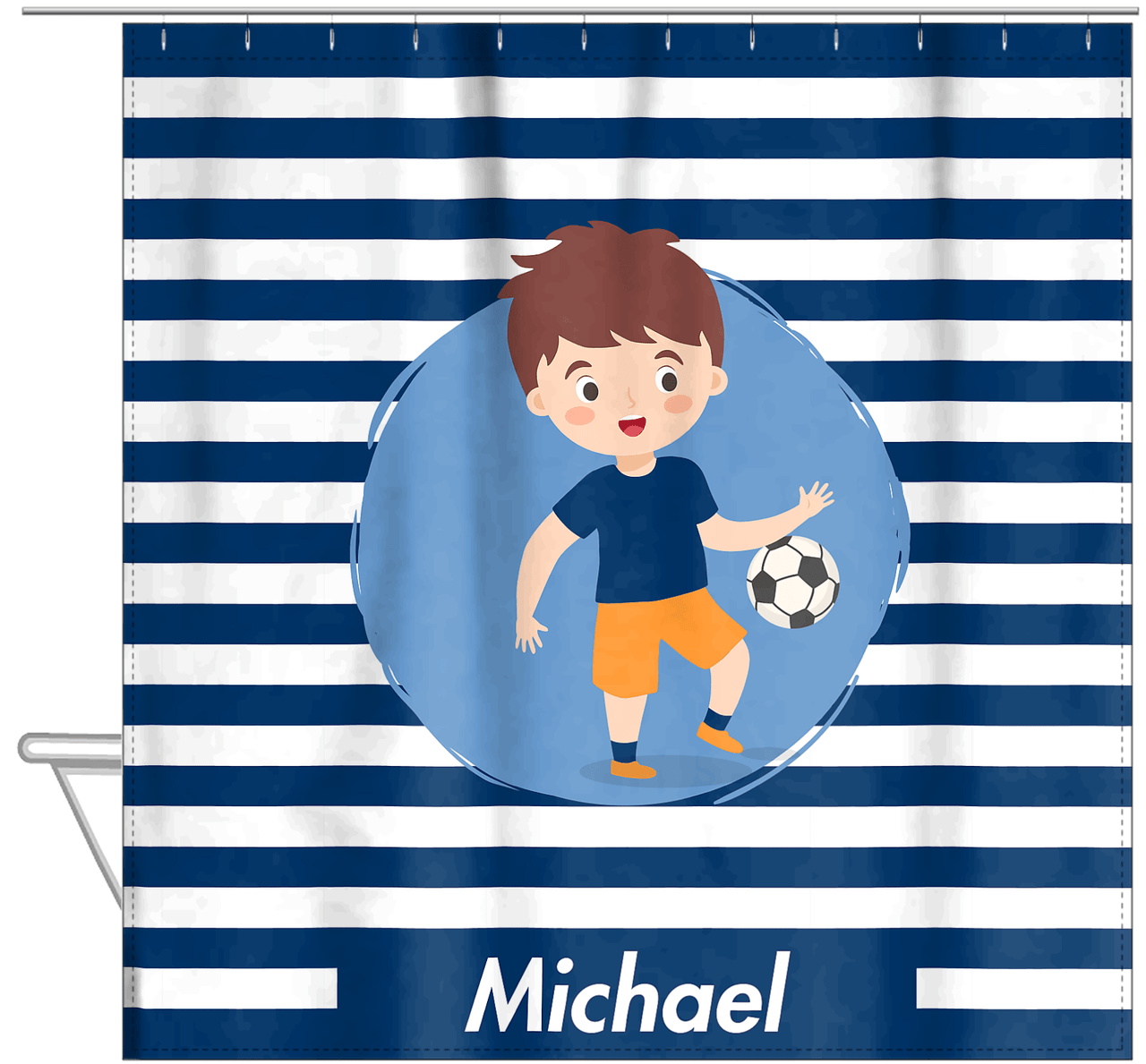 Personalized Soccer Shower Curtain XXIV - Blue Background - Brown Hair Boy I - Hanging View