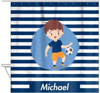 Thumbnail for Personalized Soccer Shower Curtain XXIV - Blue Background - Brown Hair Boy I - Hanging View