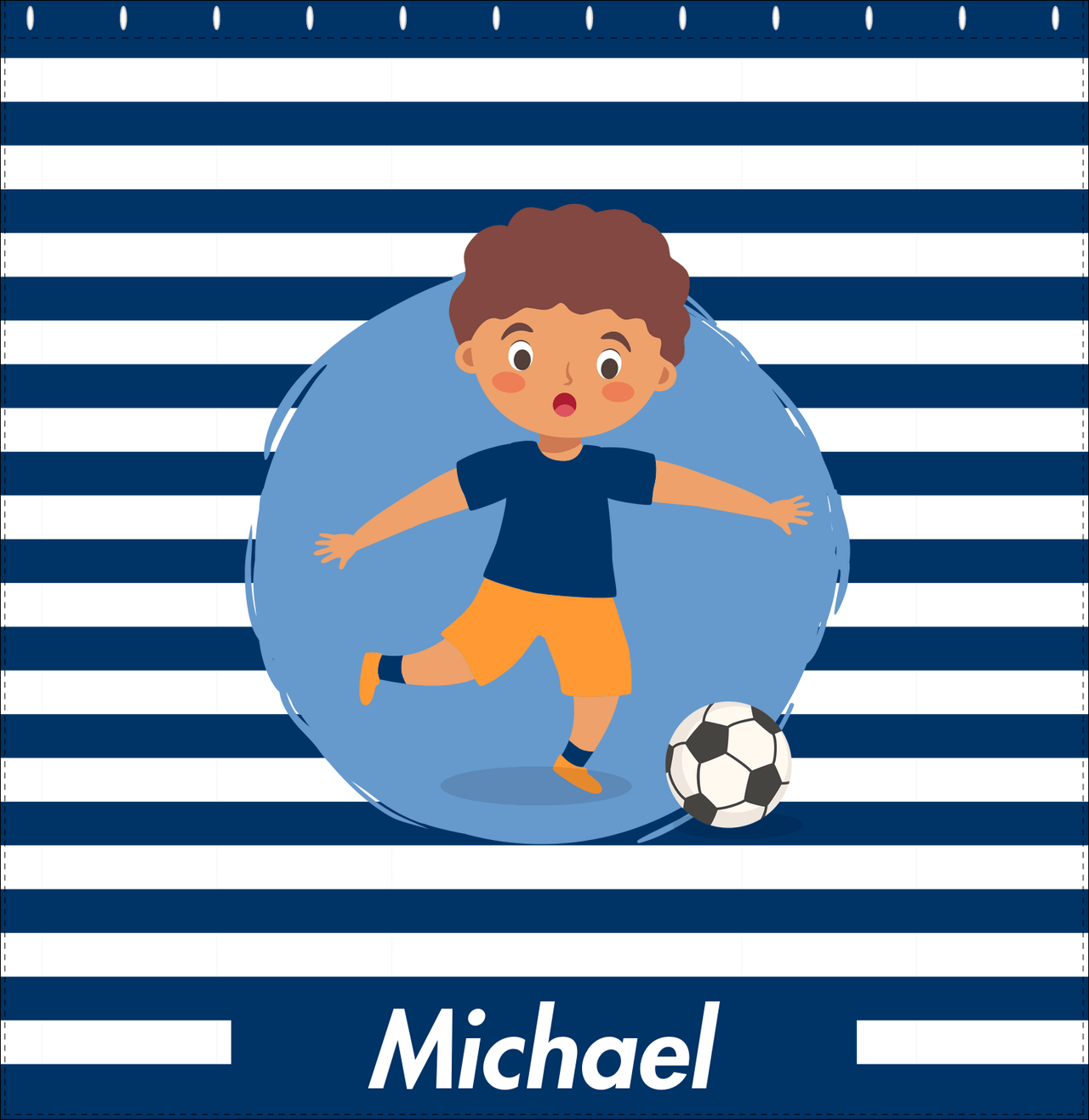 Personalized Soccer Shower Curtain XXIV - Blue Background - Black Boy - Decorate View
