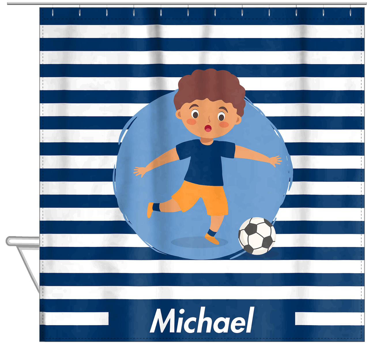 Personalized Soccer Shower Curtain XXIV - Blue Background - Black Boy - Hanging View