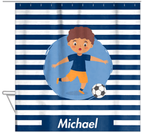 Thumbnail for Personalized Soccer Shower Curtain XXIV - Blue Background - Black Boy - Hanging View