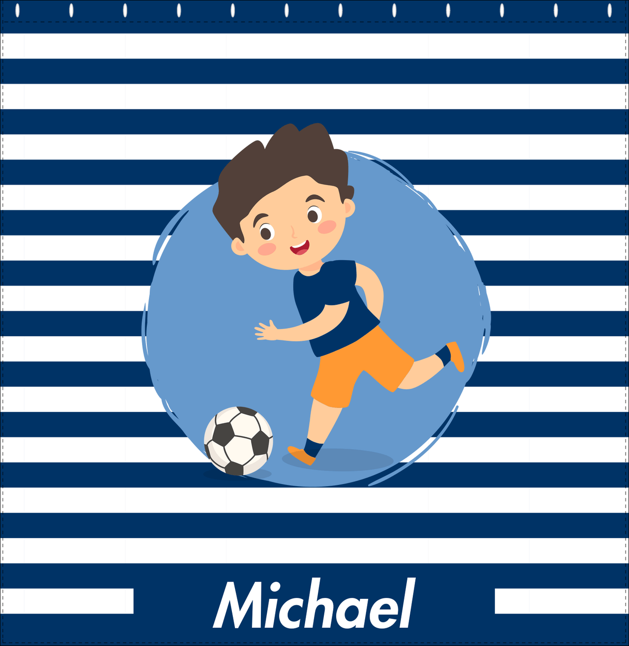 Personalized Soccer Shower Curtain XXIV - Blue Background - Black Hair Boy - Decorate View