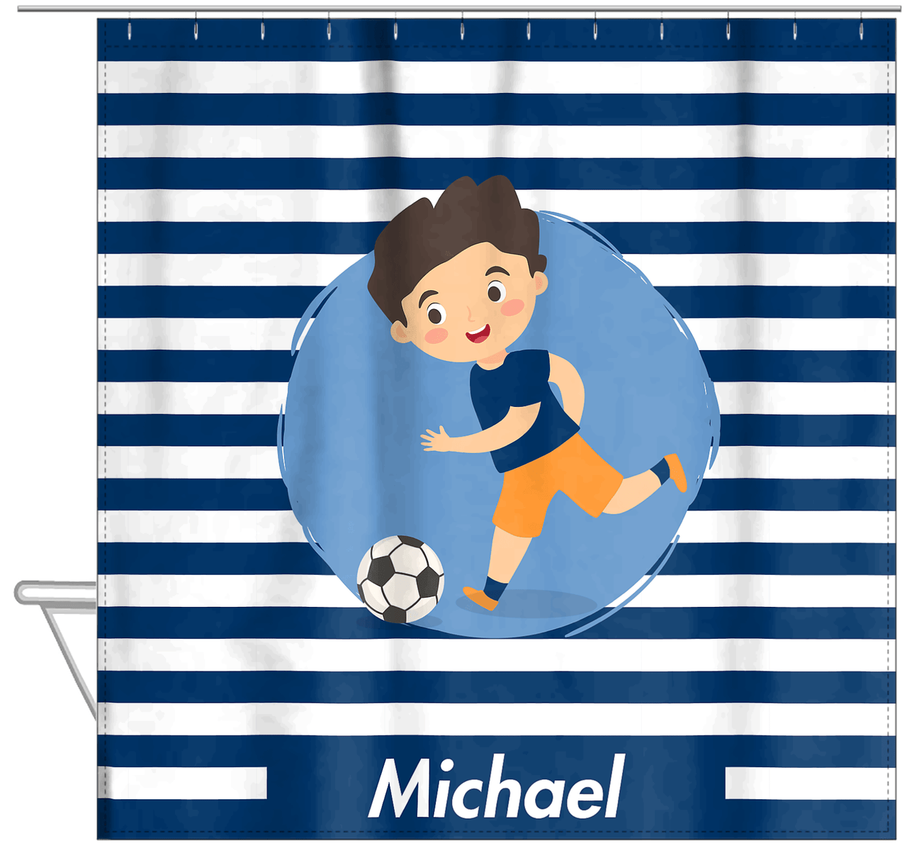 Personalized Soccer Shower Curtain XXIV - Blue Background - Black Hair Boy - Hanging View