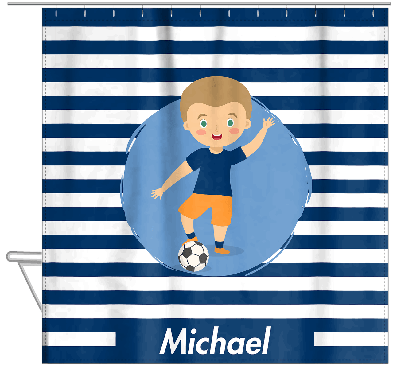 Personalized Soccer Shower Curtain XXIV - Blue Background - Blond Boy I - Hanging View
