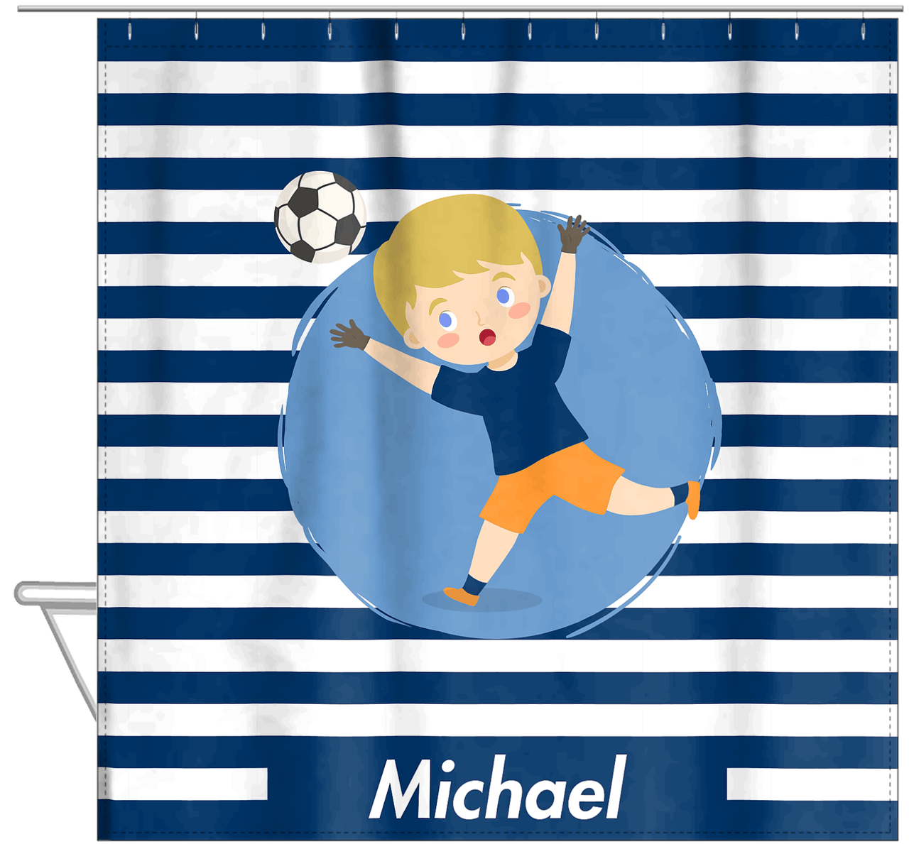 Personalized Soccer Shower Curtain XXIV - Blue Background - Blond Boy II - Hanging View