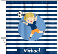 Thumbnail for Personalized Soccer Shower Curtain XXIV - Blue Background - Blond Boy II - Hanging View