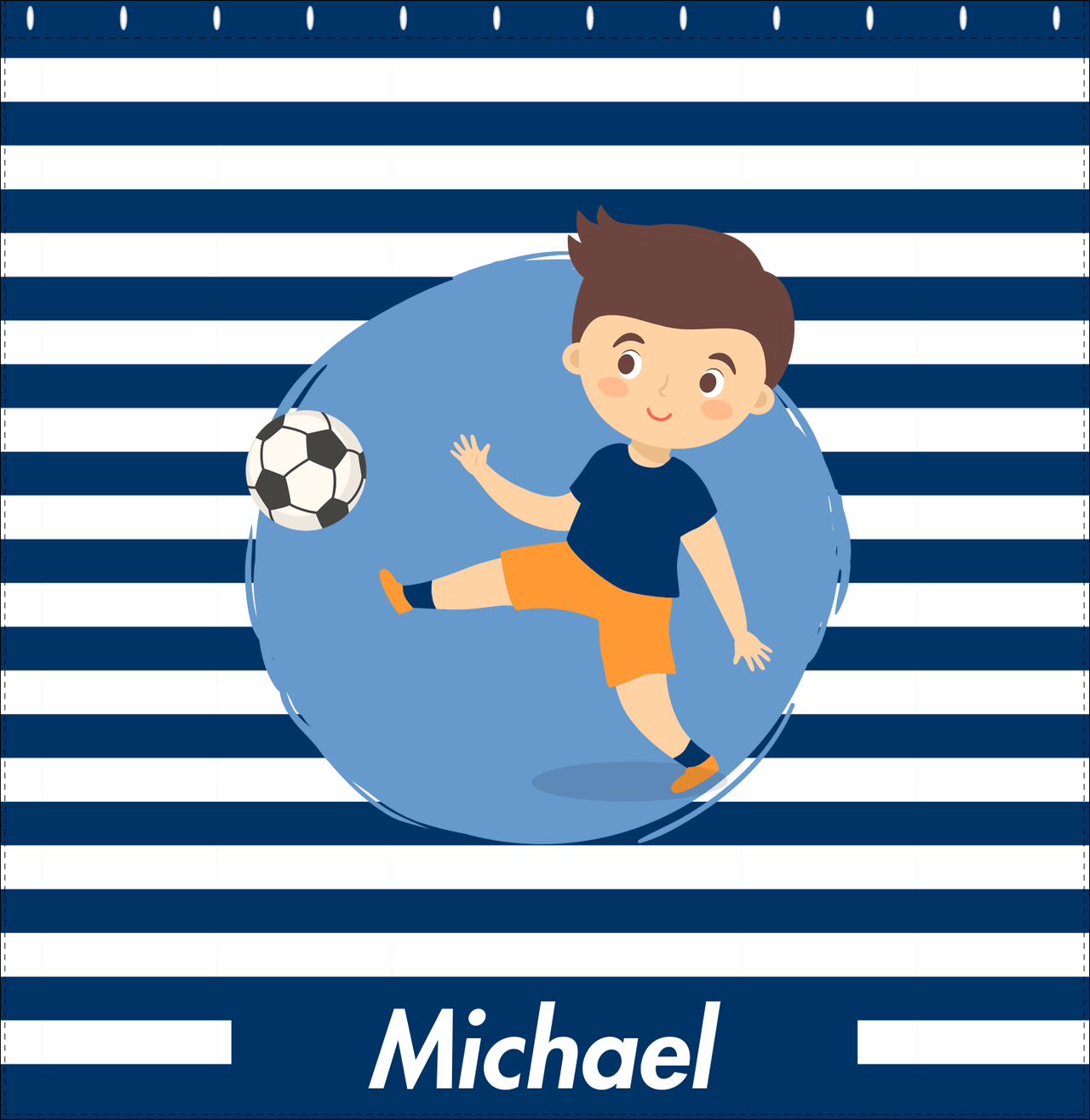 Personalized Soccer Shower Curtain XXIV - Blue Background - Brown Hair Boy II - Decorate View