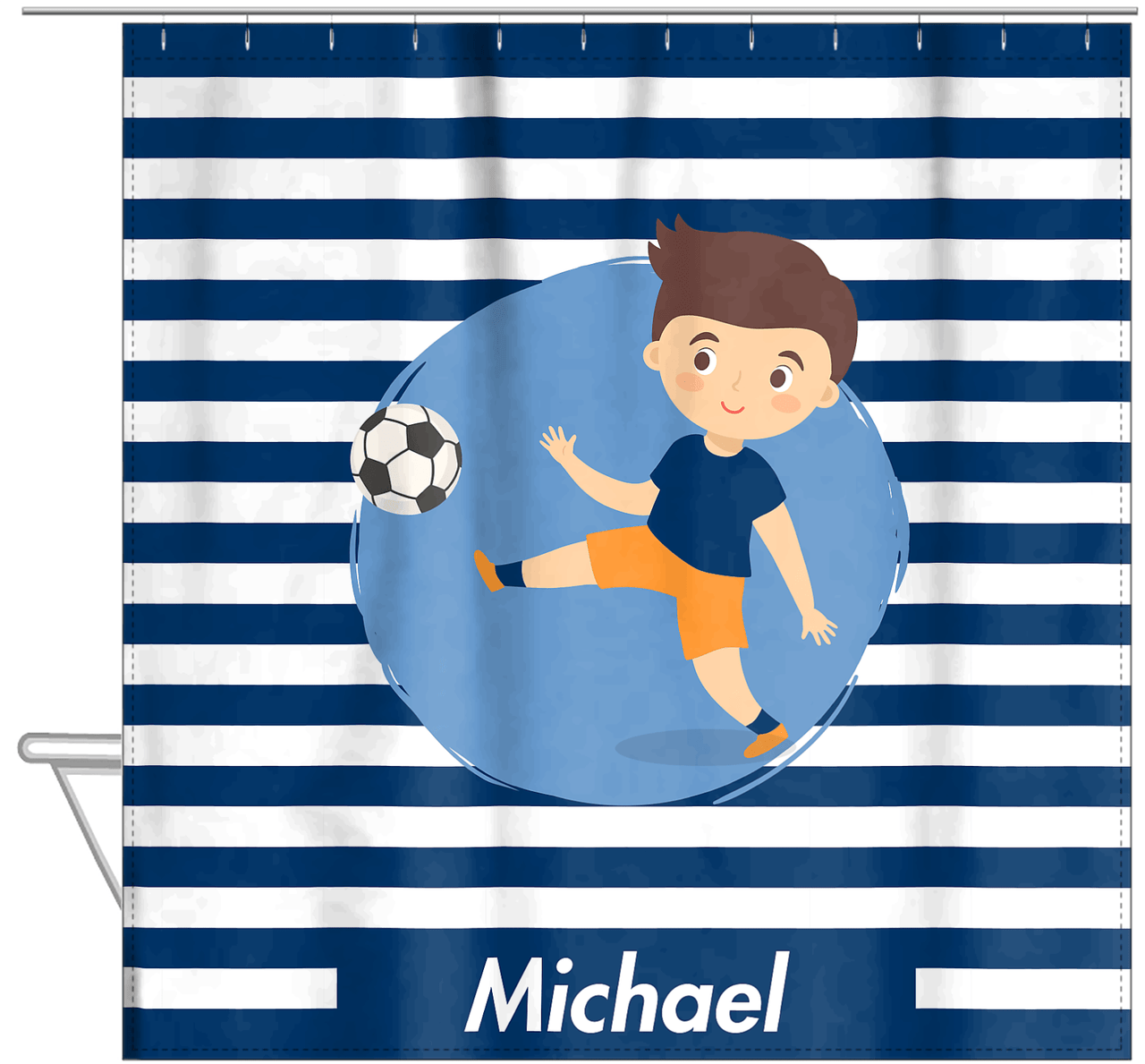 Personalized Soccer Shower Curtain XXIV - Blue Background - Brown Hair Boy II - Hanging View