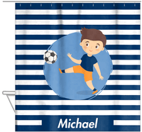 Thumbnail for Personalized Soccer Shower Curtain XXIV - Blue Background - Brown Hair Boy II - Hanging View