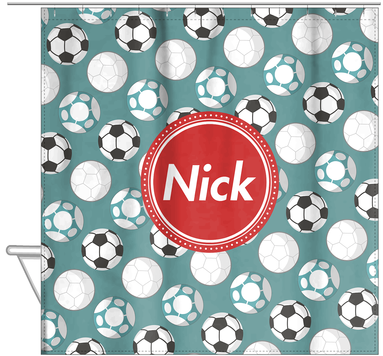 Personalized Soccer Shower Curtain XXV - Teal Background - Circle Nameplate - Hanging View