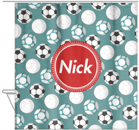 Thumbnail for Personalized Soccer Shower Curtain XXV - Teal Background - Circle Nameplate - Hanging View
