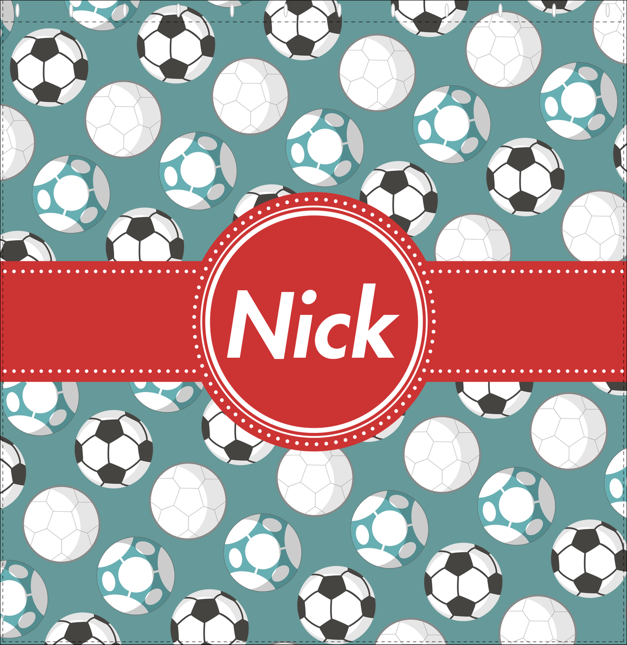 Personalized Soccer Shower Curtain XXV - Teal Background - Circle Ribbon Nameplate - Decorate View