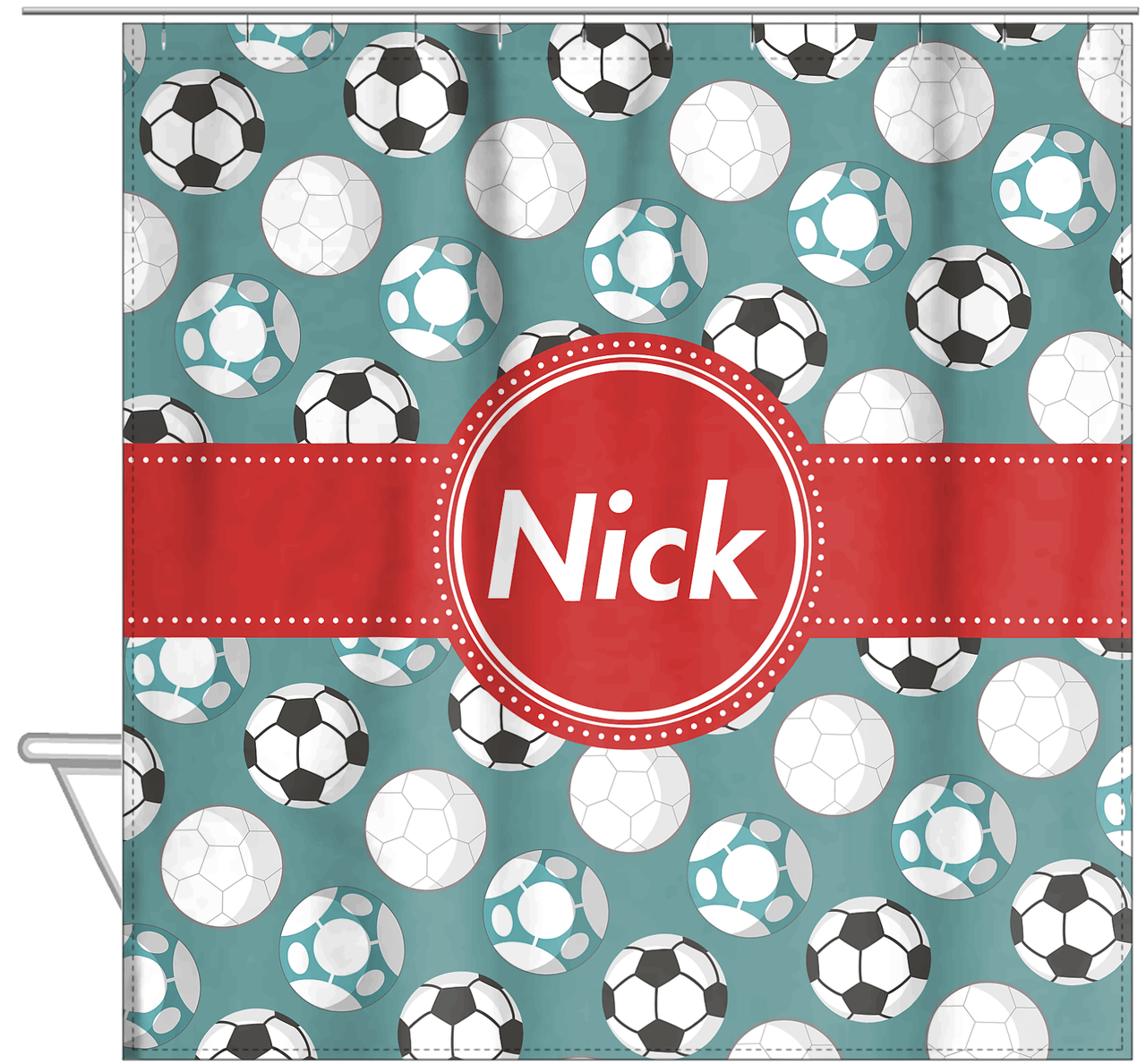 Personalized Soccer Shower Curtain XXV - Teal Background - Circle Ribbon Nameplate - Hanging View