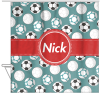 Thumbnail for Personalized Soccer Shower Curtain XXV - Teal Background - Circle Ribbon Nameplate - Hanging View