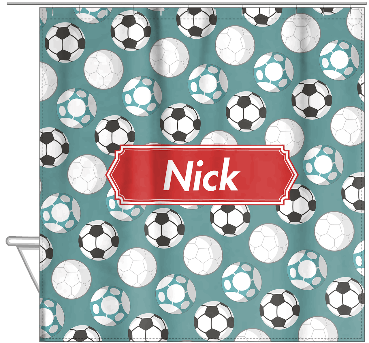 Personalized Soccer Shower Curtain XXV - Teal Background - Decorative Rectangle Nameplate - Hanging View