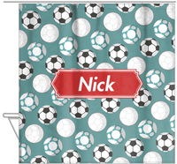 Thumbnail for Personalized Soccer Shower Curtain XXV - Teal Background - Decorative Rectangle Nameplate - Hanging View