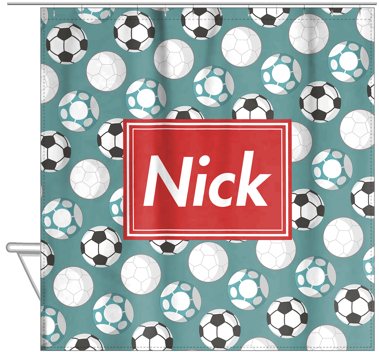 Personalized Soccer Shower Curtain XXV - Teal Background - Rectangle Nameplate - Hanging View