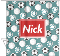 Thumbnail for Personalized Soccer Shower Curtain XXV - Teal Background - Rectangle Nameplate - Hanging View