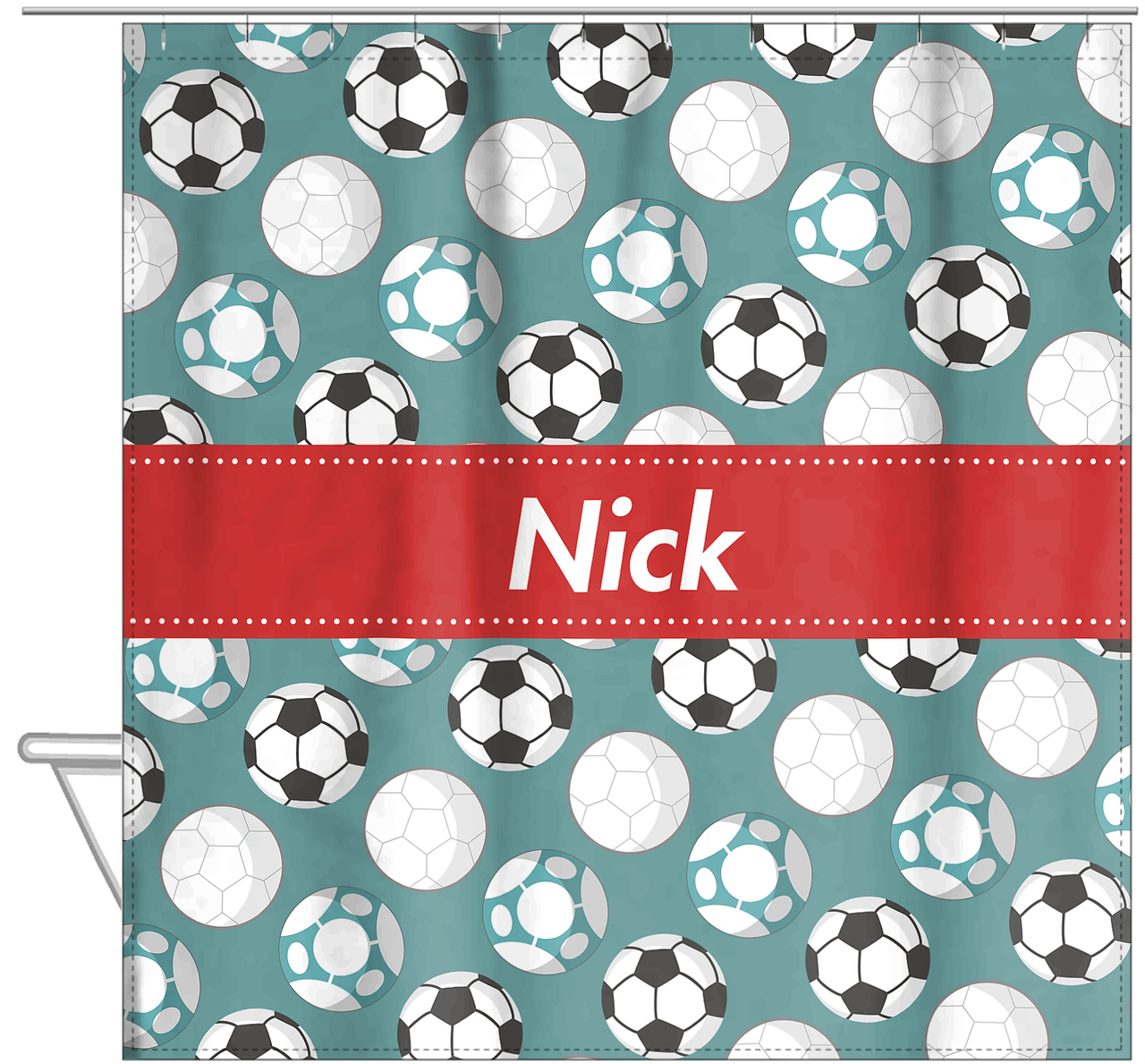 Personalized Soccer Shower Curtain XXV - Teal Background - Ribbon Nameplate - Hanging View