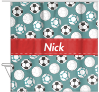 Thumbnail for Personalized Soccer Shower Curtain XXV - Teal Background - Ribbon Nameplate - Hanging View