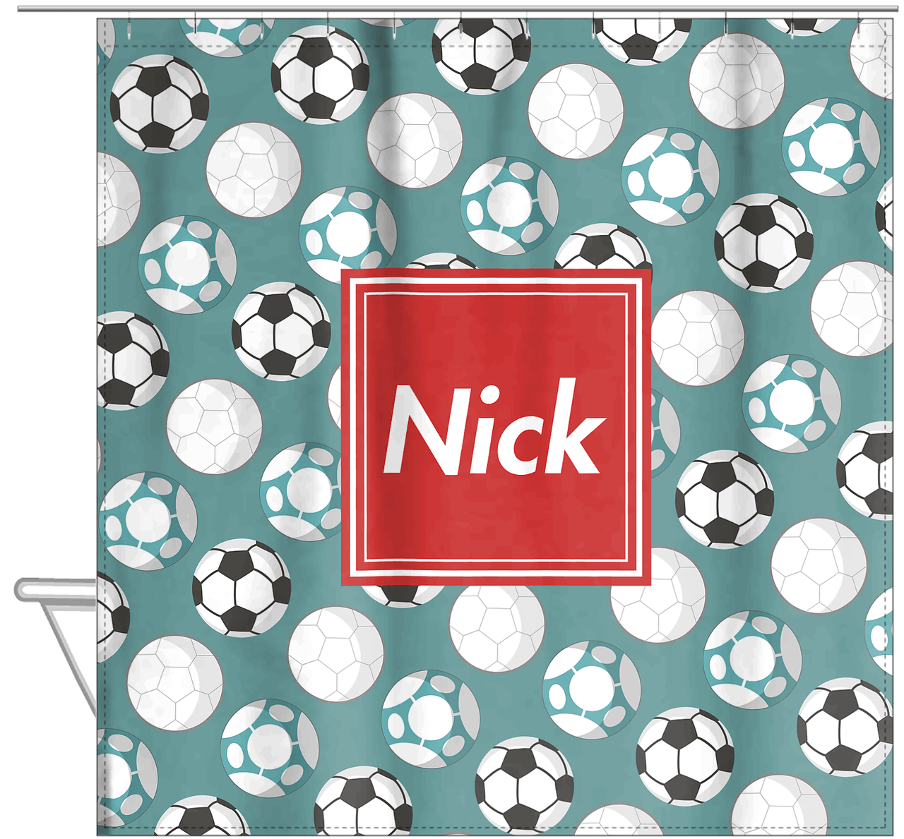 Personalized Soccer Shower Curtain XXV - Teal Background - Square Nameplate - Hanging View