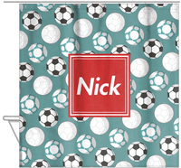 Thumbnail for Personalized Soccer Shower Curtain XXV - Teal Background - Square Nameplate - Hanging View