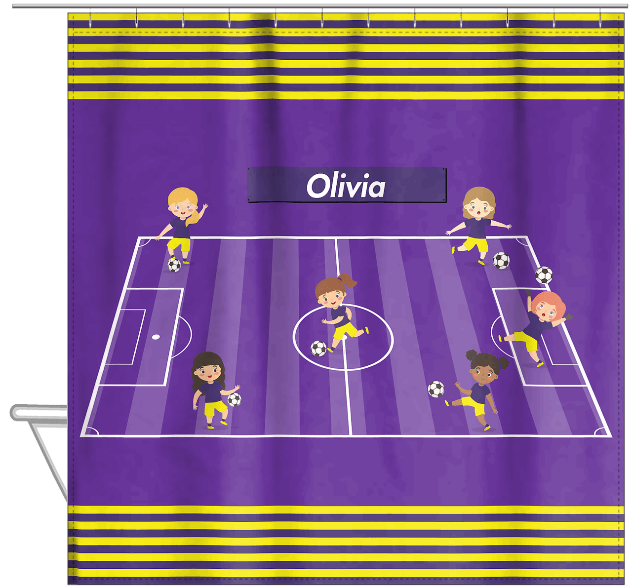 Personalized Soccer Shower Curtain XXVI - Girls Teams - Purple Background - Hanging View