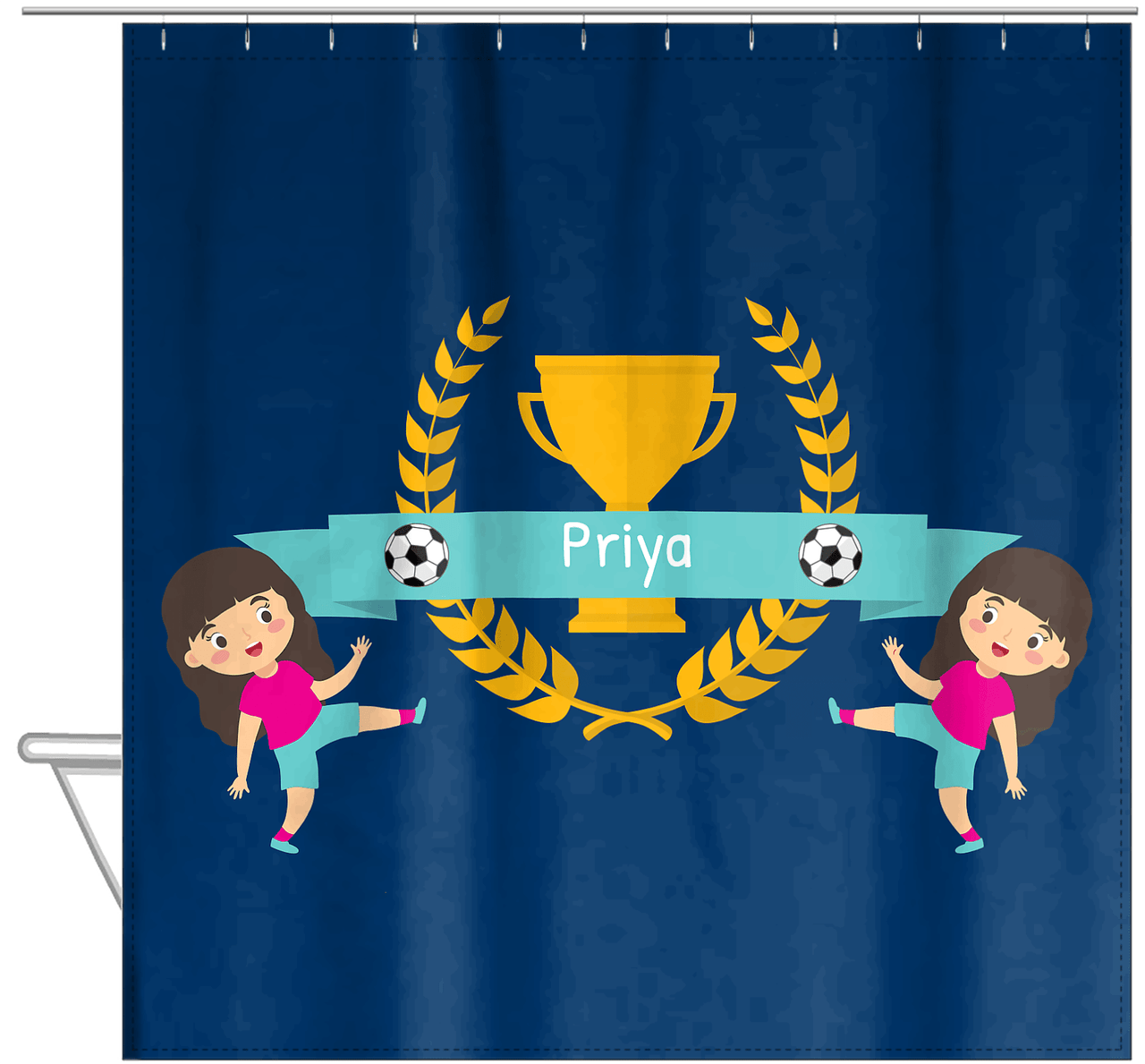 Personalized Soccer Shower Curtain XXVIII - Blue Background - Brunette Girl I - Hanging View