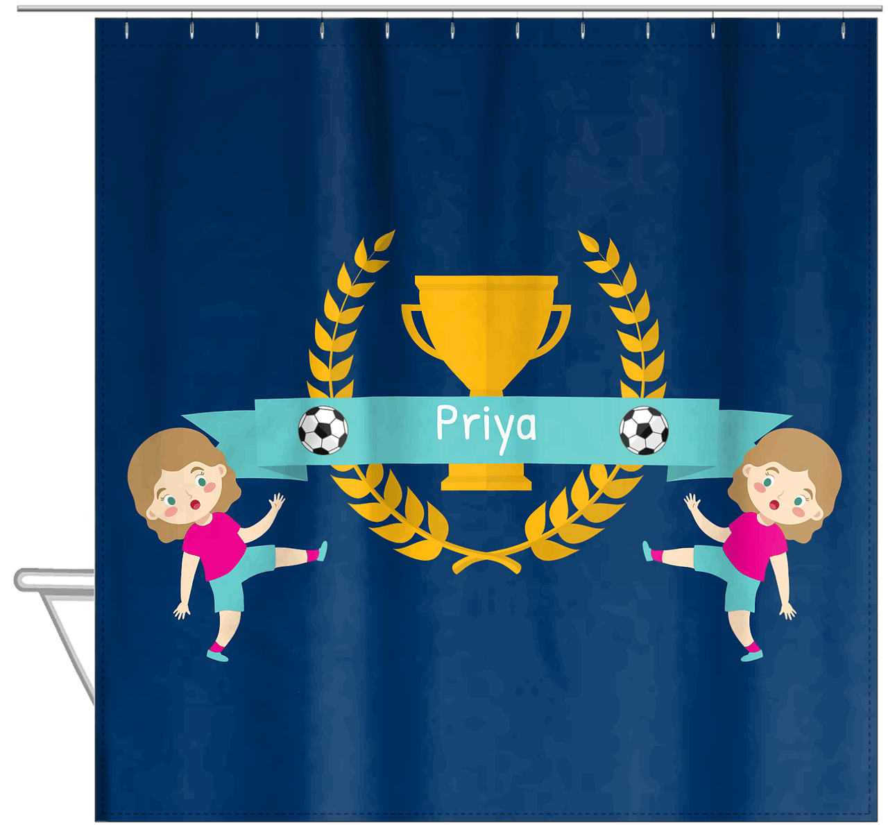 Personalized Soccer Shower Curtain XXVIII - Blue Background - Blonde Girl I - Hanging View