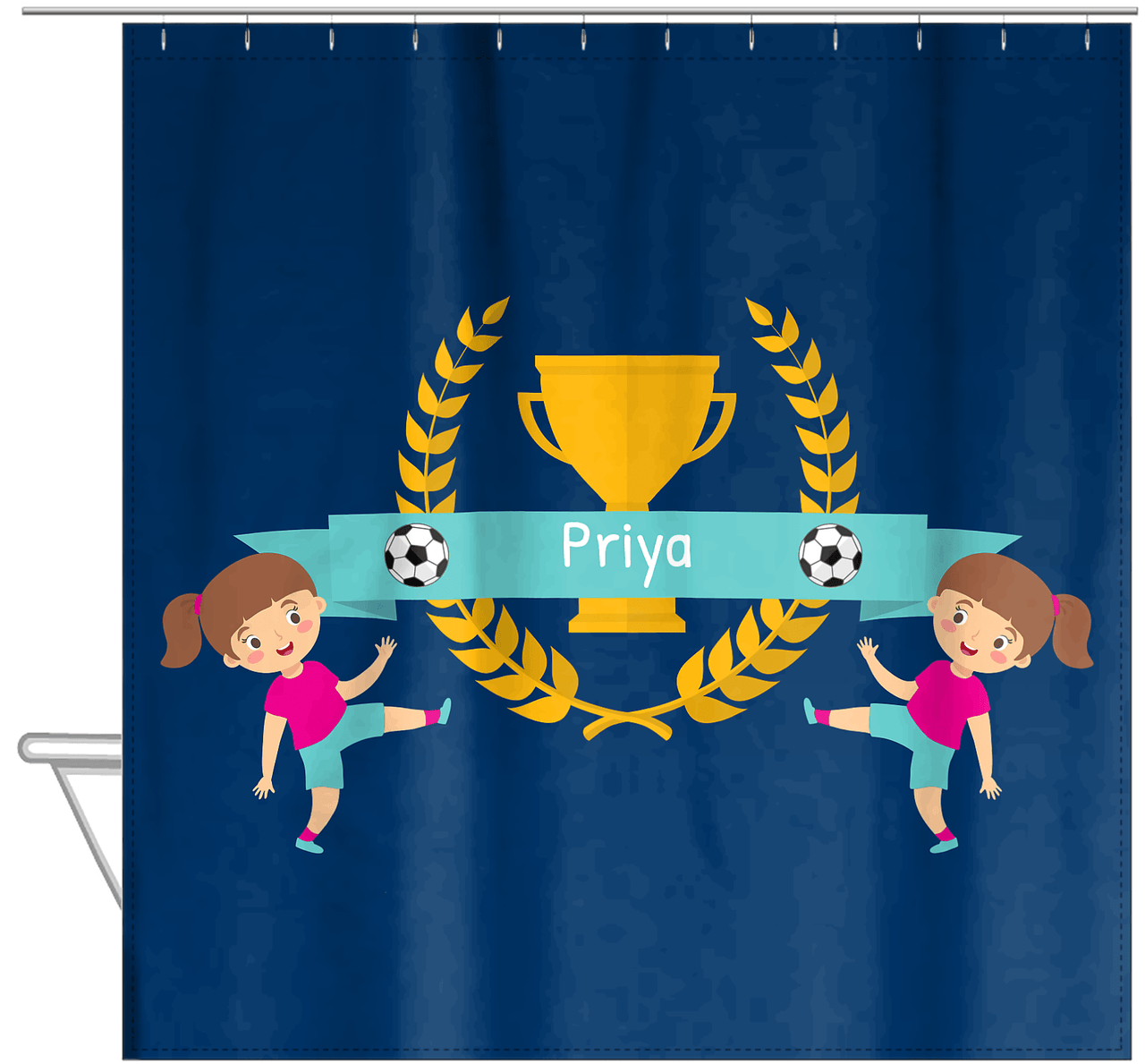 Personalized Soccer Shower Curtain XXVIII - Blue Background - Brunette Girl II - Hanging View
