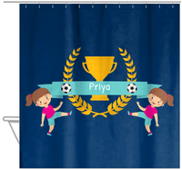 Thumbnail for Personalized Soccer Shower Curtain XXVIII - Blue Background - Brunette Girl II - Hanging View