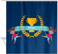 Thumbnail for Personalized Soccer Shower Curtain XXVIII - Blue Background - Black Girl - Hanging View