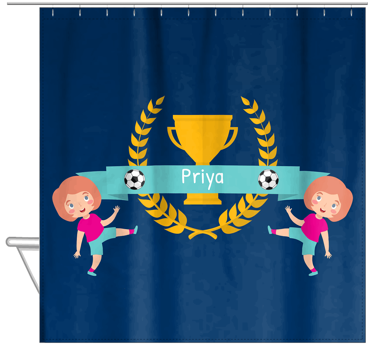 Personalized Soccer Shower Curtain XXVIII - Blue Background - Redhead Girl - Hanging View