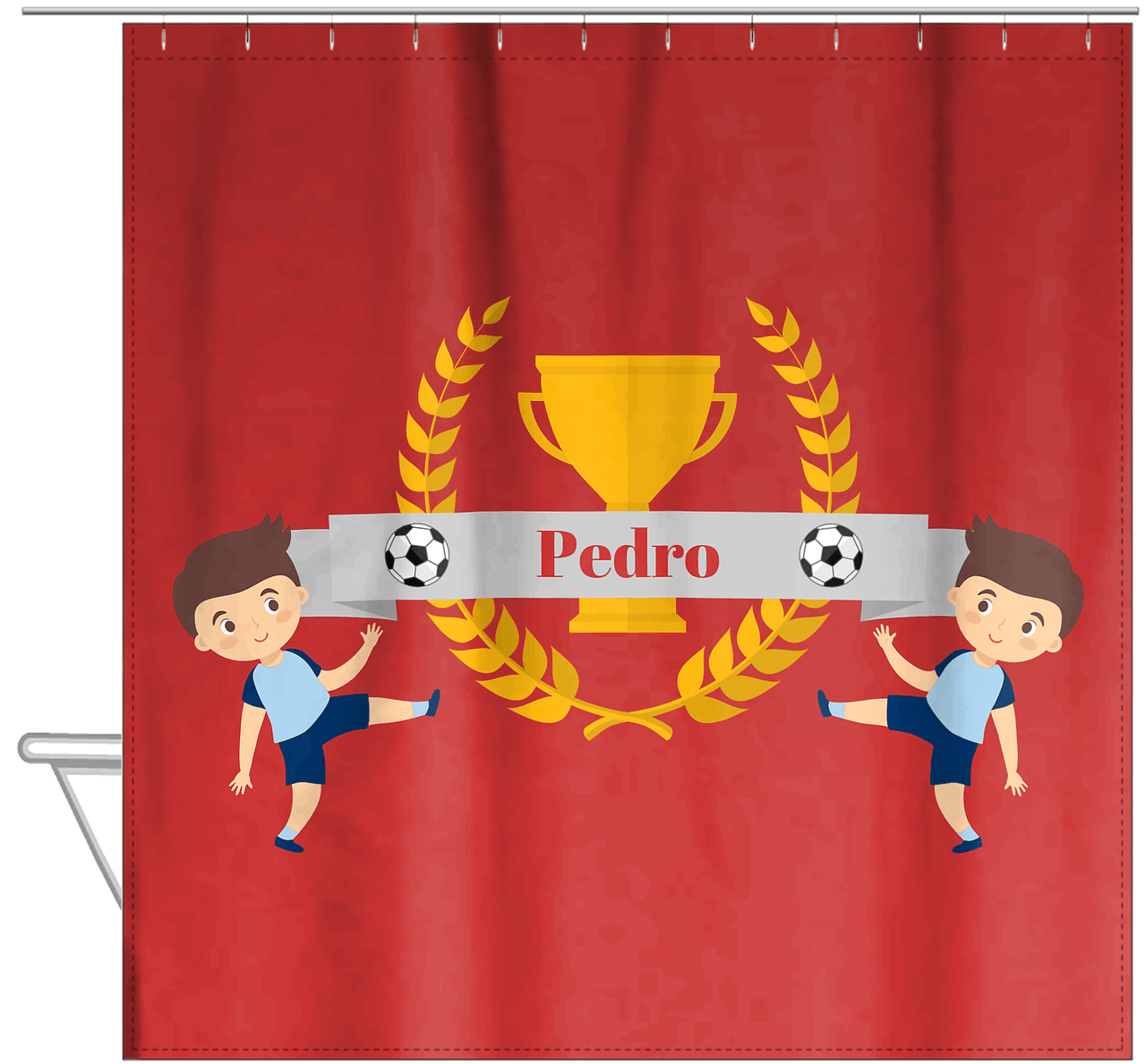Personalized Soccer Shower Curtain XXIX - Red Background - Brown Hair Boy I - Hanging View