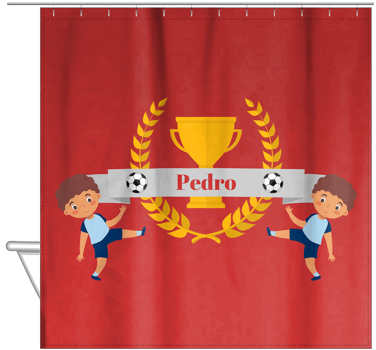 Personalized Soccer Shower Curtain XXIX - Red Background - Black Boy - Hanging View