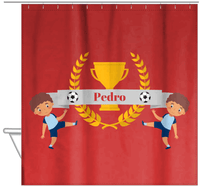 Thumbnail for Personalized Soccer Shower Curtain XXIX - Red Background - Black Boy - Hanging View